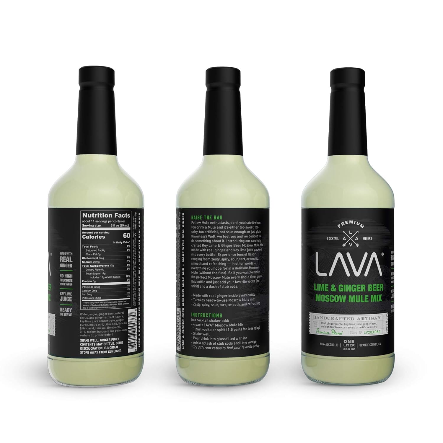 LAVA Premium Spicy Moscow Mule Mix by LAVA Craft Cocktail Co., Made with Ginger Beer, Key Lime Juice, Real Ginger Puree, No Artificial Sweeteners, Ready to Use, 1-Liter (33.8oz) Glass Bottle
