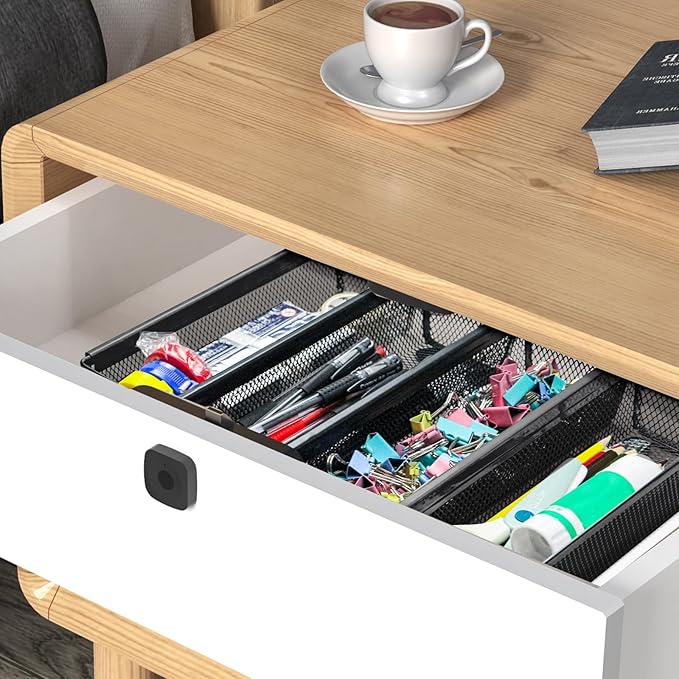 2PCS Drawer Organizer for Kitchen,Utensil Mesh Drawer Organizer with Interlocking Arm for Cosmetic,Flatware,Pen (9 * 3 * 2 Inches,Black)