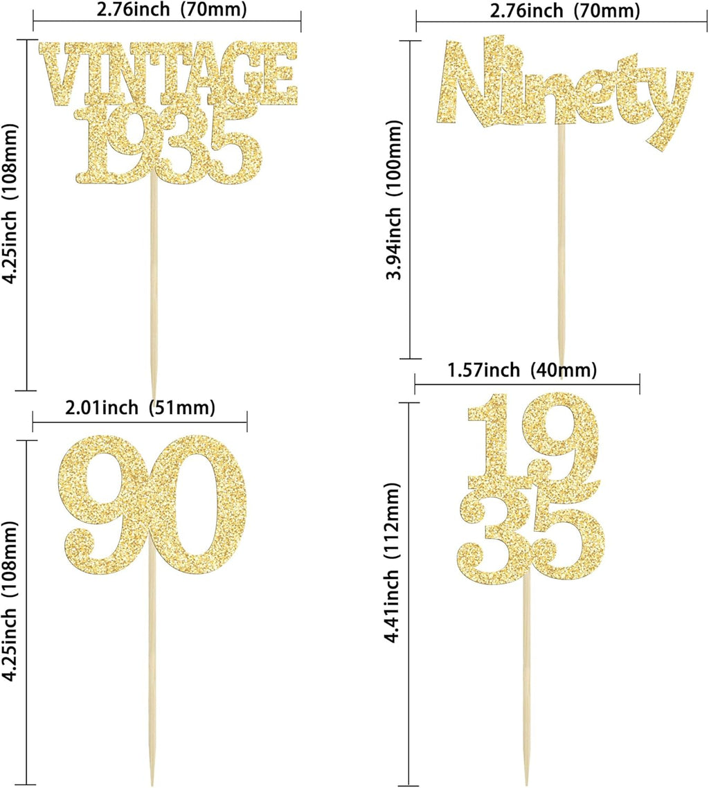 Gyufise 24Pcs 90th Birthday Cupcake Toppers Glitter Cheers to 90 Fabulous Ninety Vintage 1935 Cupcake Picks 90th Birthday Wedding Anniversary Party Cake Decorations Supplies Gold