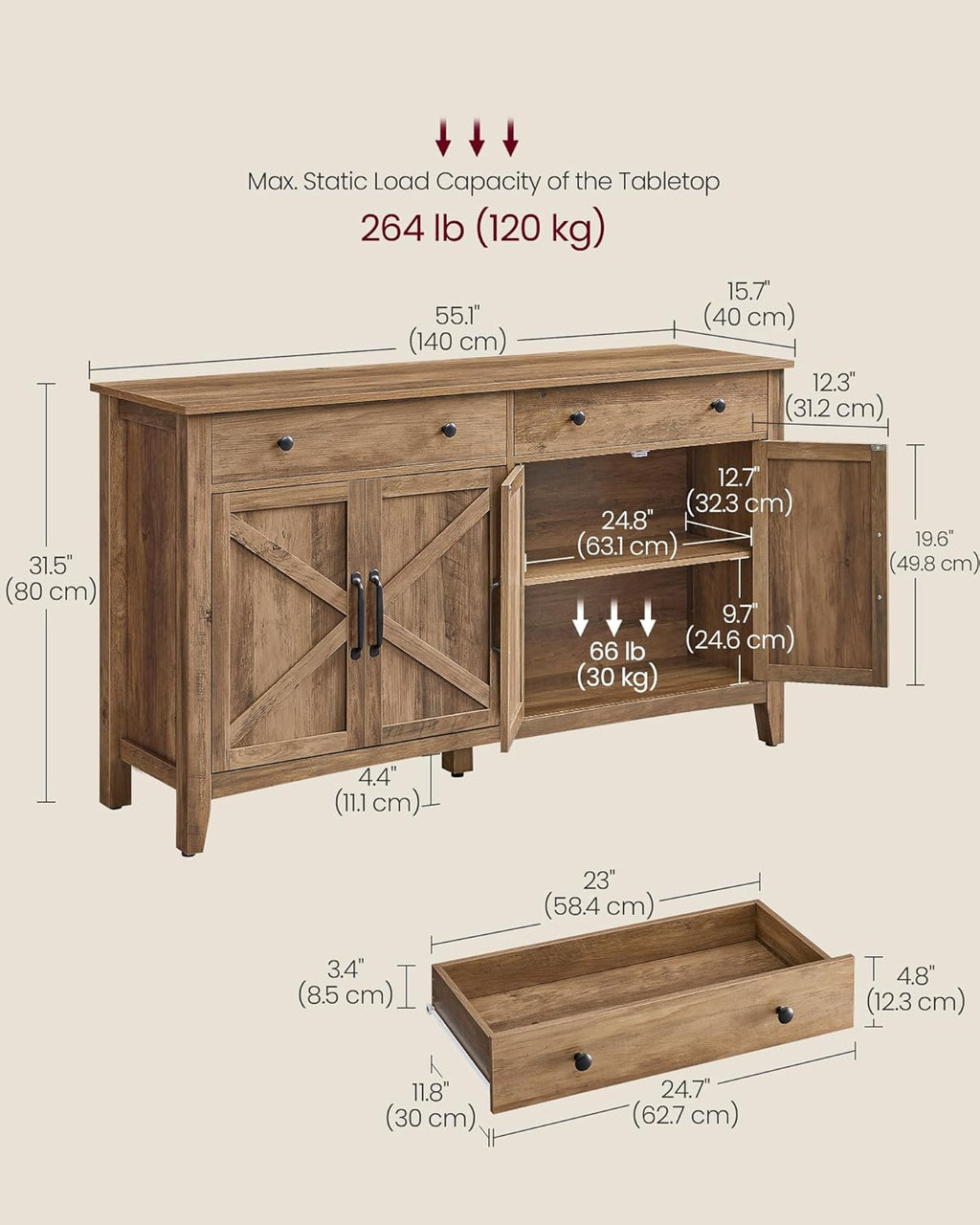 VASAGLE LIRY Collection - Buffet Cabinet, Coffee Bar Cabinet with 2 Drawers, Adjustable Shelves, Sideboard Storage with Cable Holes, Drawer Dividers, Honey Brown UBBK381K01