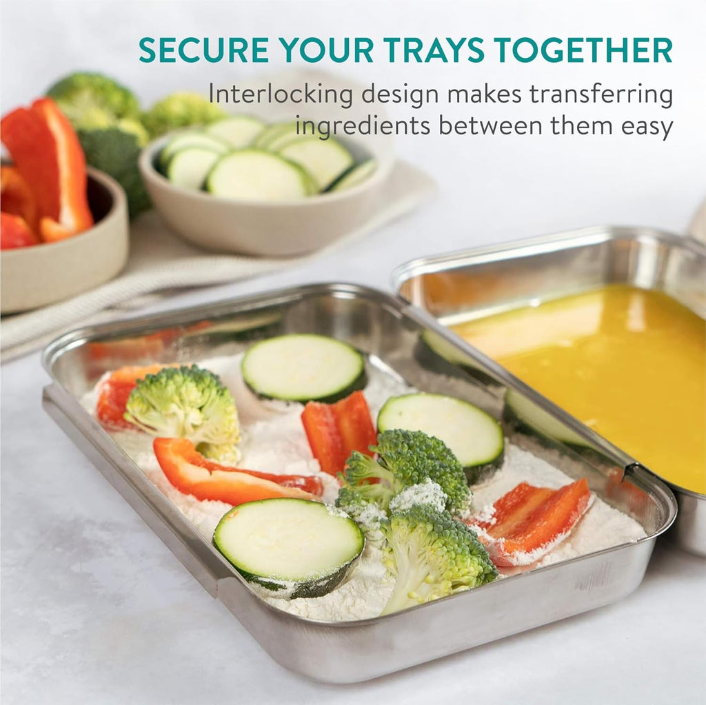 Navaris Breading Trays Set - Toaster Oven Pan - 3 Stainless Steel Trays for Food - Stainless Steel Tray for Bread Crumb Dishes Panko Schnitzel - Breading Tray for Fish and Meat