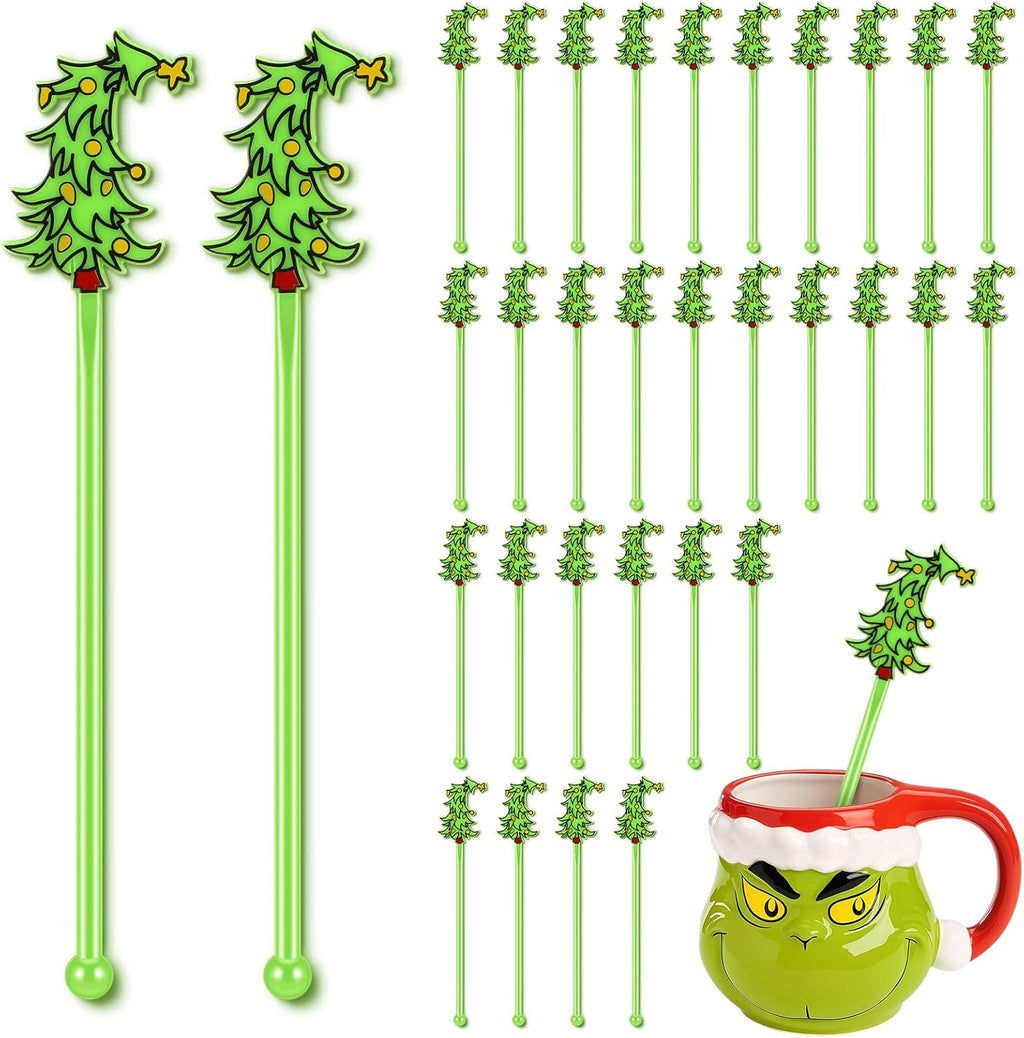 30 Pcs Christmas Drink Stirrers Xmas Stir Stick Holiday Coffee Swizzle Stick Reusable Plastic Hot Cocoa Bar Chocolate Decoration Cocktail Mixer(Whimsical Tree,Fresh Color)