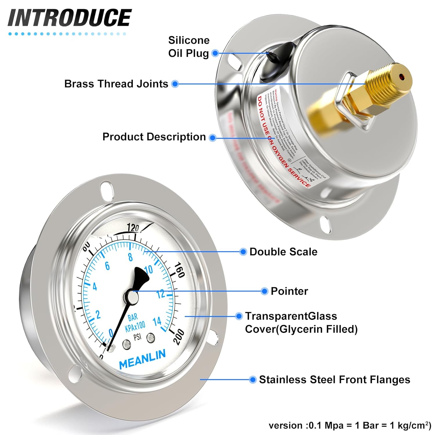 MEANLIN MEASURE 0~200Psi Liquid Filled Pressure Gauge Front Flange Panel Mount, 1/4" NPT 2.5" FACE DIAL Stainless Steel Case with Phillips Screw and Nut, +/-3-2-3%