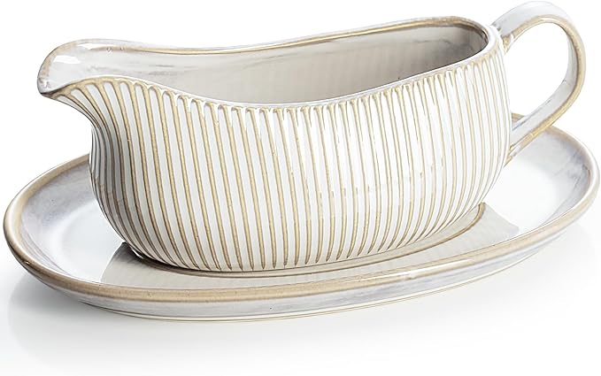 Getstar Gravy Boat with Saucer, Cranberry Sauce Dish Thanksgiving, Ceramic Gravy Dish Bowl, Microwave & Dishwasher Safe (Embossed Stripes)