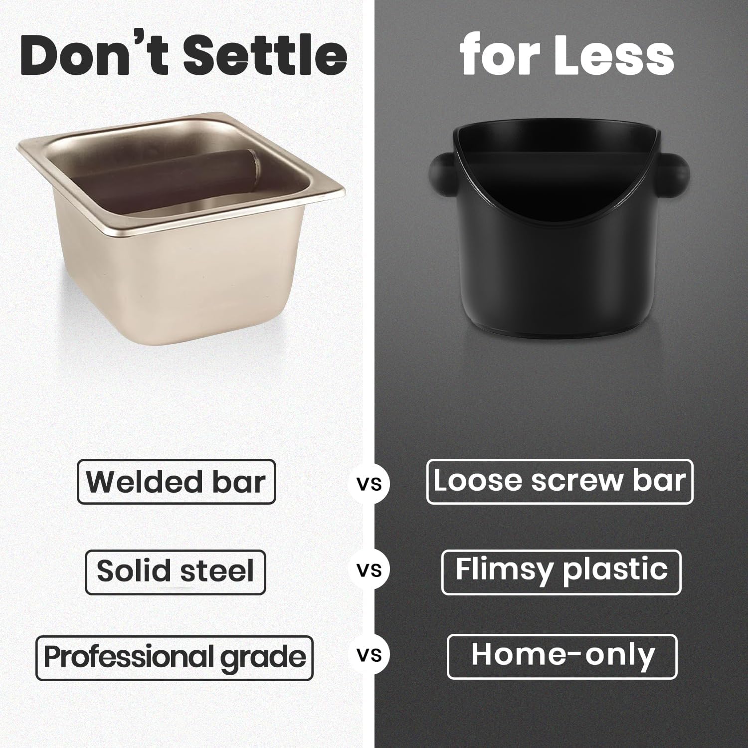 Rattleware Heavy-Duty Stainless Steel Knock Box Espresso Puck Disposal Durable Commercial Grade with Welded Bar Splash Guard All-Stainless Design for Busy Cafes and Home Baristas (6" x 5.5" x 4")