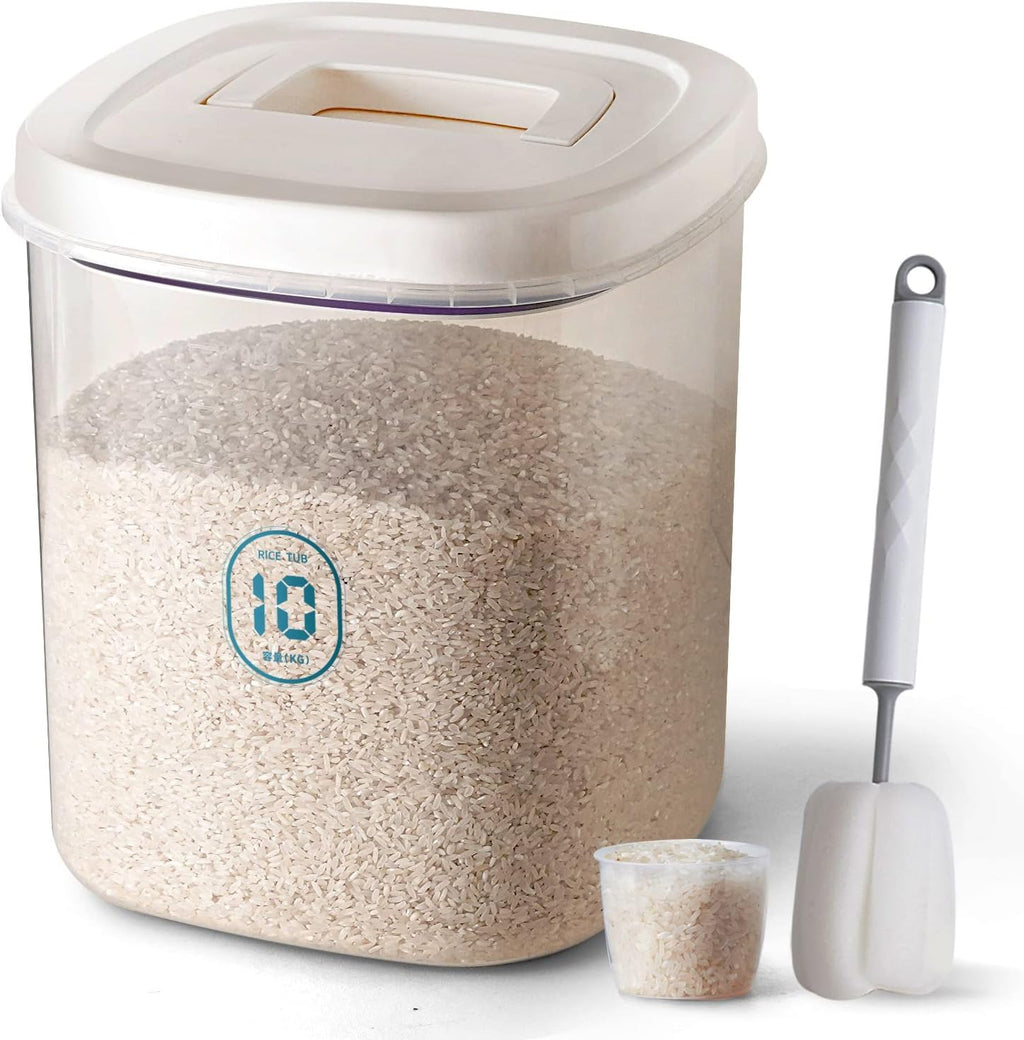 Rice Container 25 lbs,10.5 Qt/10 L/25 lbs Rice Dispenser Food Storage Bin with Measuring Cup & Brush Food Cereal Container Bins Household for Kitchen Pantry Organization(LG-10KG)