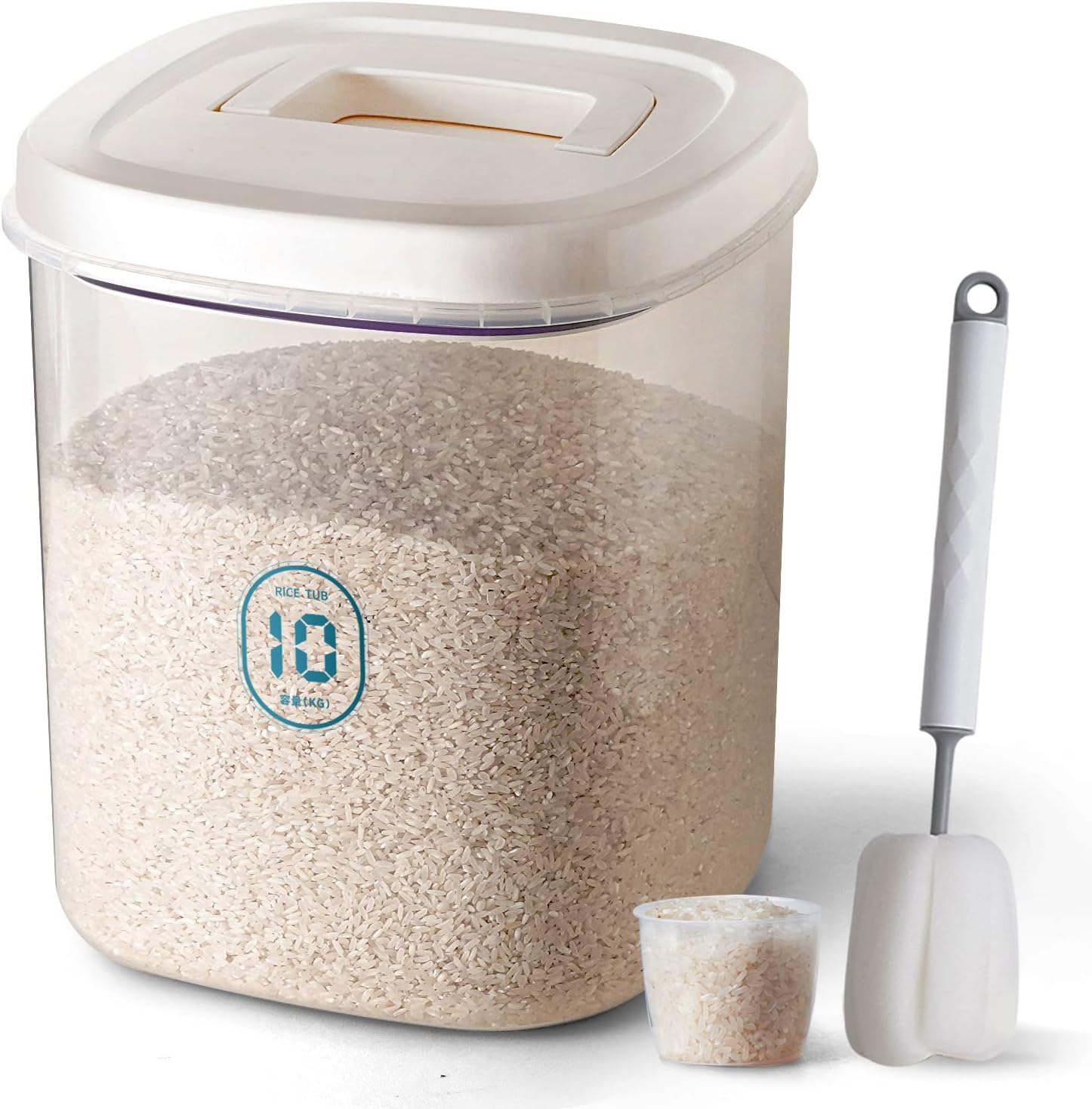Rice Container 25 lbs,10.5 Qt/10 L/25 lbs Rice Dispenser Food Storage Bin with Measuring Cup & Brush Food Cereal Container Bins Household for Kitchen Pantry Organization(LG-10KG)
