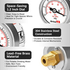 Mini Vacuum Pressure Gauge,Stainless Steel Housing,Brass Internal,1.2 Inch Dial,-30INHG/-100Kpa,NPT 1/8" Back Mount,Dry Type,Lead-Free, for Vacuum Pressure Test