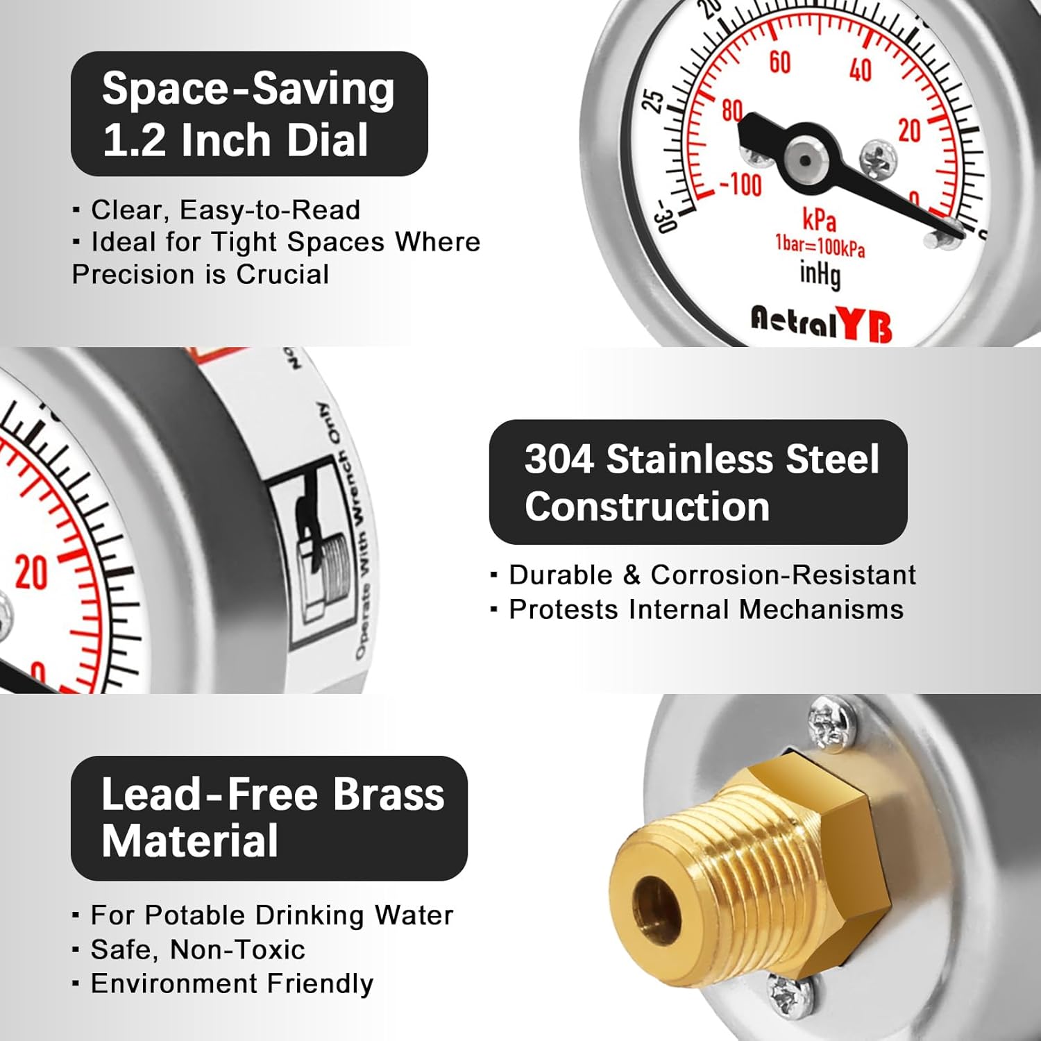 Mini Vacuum Pressure Gauge,Stainless Steel Housing,Brass Internal,1.2 Inch Dial,-30INHG/-100Kpa,NPT 1/8" Back Mount,Dry Type,Lead-Free, for Vacuum Pressure Test