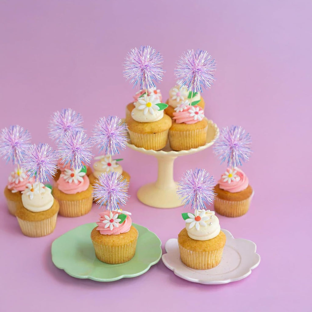 Gyufise 30Pcs Foil Firework Cupcake Toppers Sparkle Tinsel Cake Toppers Tinsel Drink Cake Decoration Cocktail Picks for Birthday Wedding Graduation Party Supplies Laser Purple