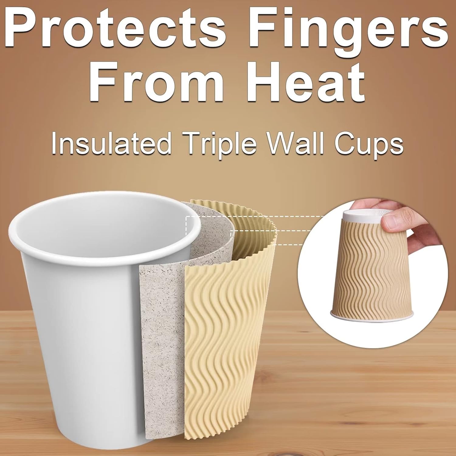 Hot Paper Cups_12 oz Disposable Insulated Corrugated Sleeve Ripple Wall Paper Cup 100 pcs,12oz Cups for Drink，Hot Coffee Cups (Brown)