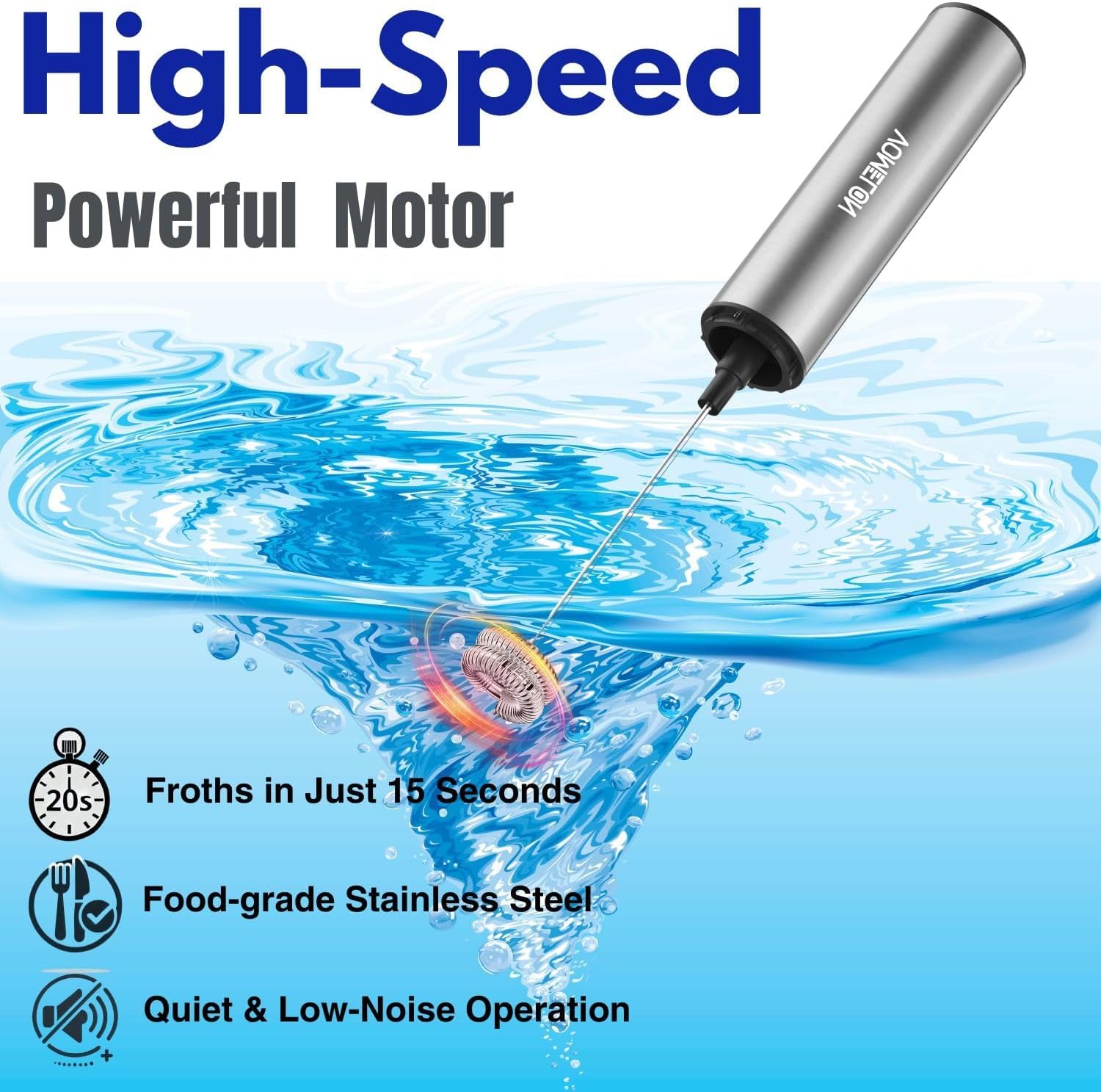 Rechargeable Milk Frother Handheld Electric Frother Wand Milk Foamer Drink Mixer for Coffee, Lattes, Cappuccino, and Egg, Stainless Steel for Travel-Silver