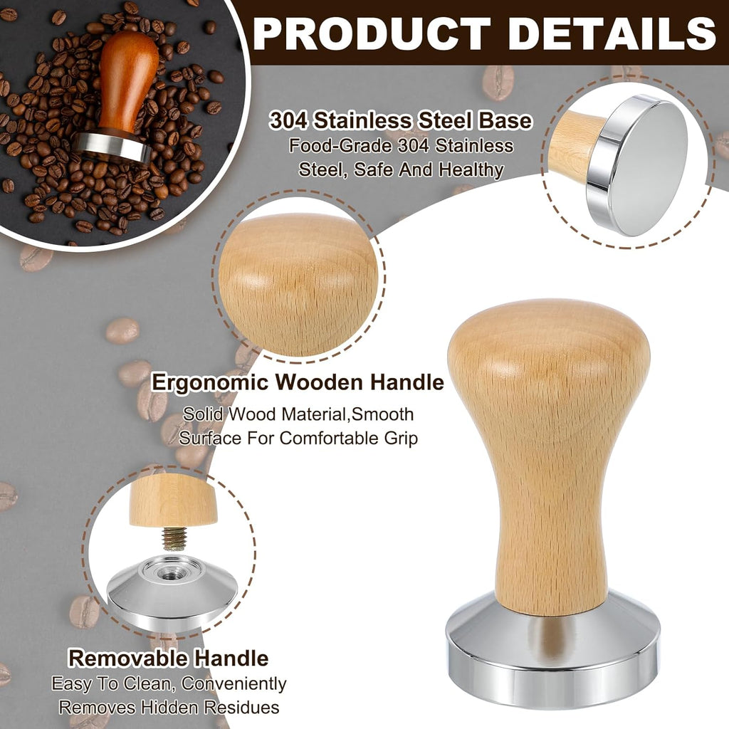uxcell 51mm Coffee Tamper, Stainless Steel Espresso Press Tamper, Espresso Tamper with Wooden Handle Suitable for Coffee Shop, Restaurant Bar, Bakery (Light Brown)
