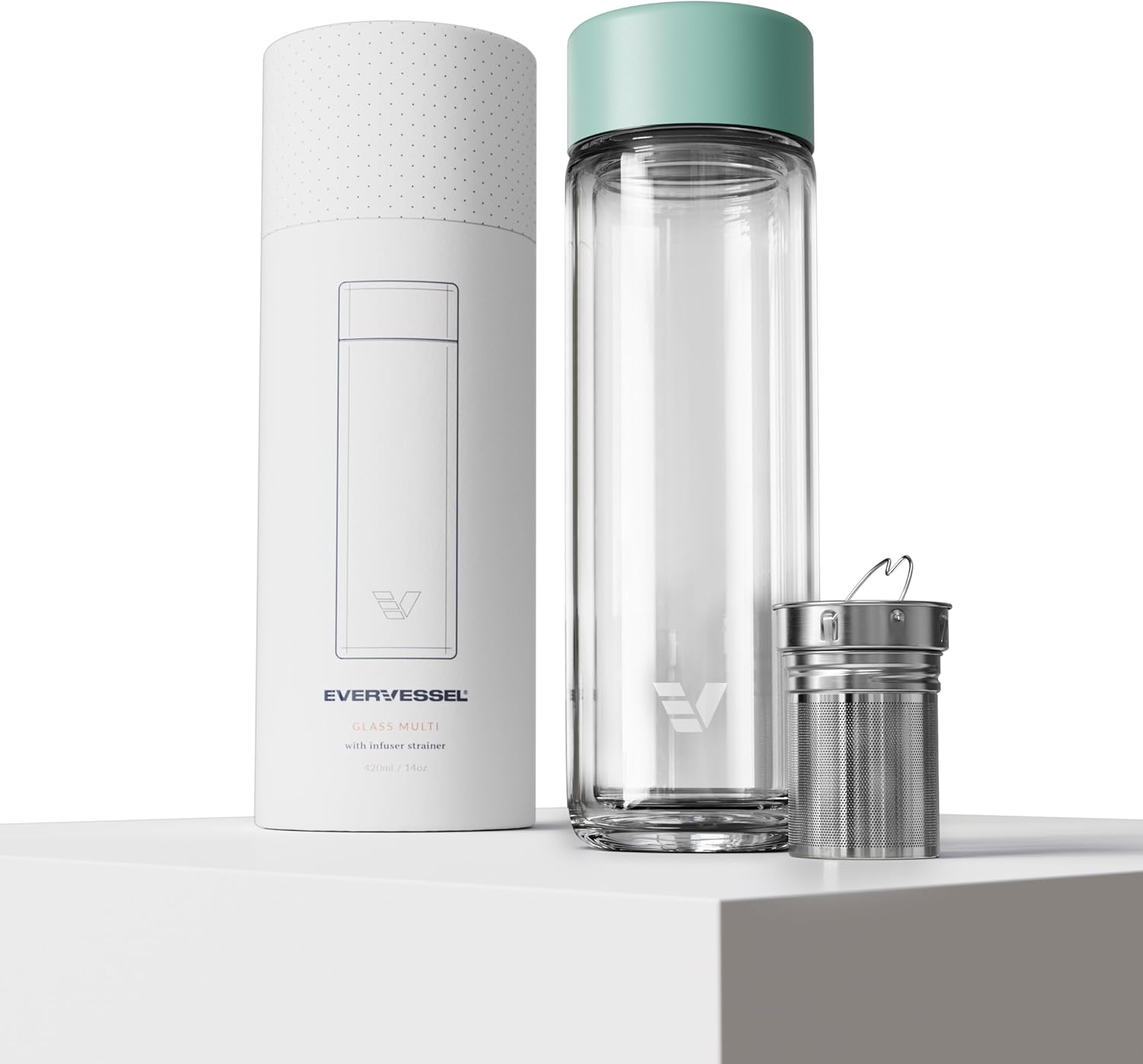 Glass Multi Tea Infuser Bottle 14oz - Double Wall Borosilicate Glass Flask | No Plastic Touches Contents | Perfect for Office or Home - Light Green