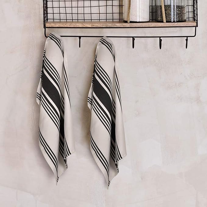 Urban Villa Kitchen Towels 100% Cotton Dish Towels for Kitchen (Set of 3)20”x30” Dish Cloths Highly Absorbent Kitchen Linen Set with Hanging Loop Perfect for Drying Dishes Cleaning Towels-Black White