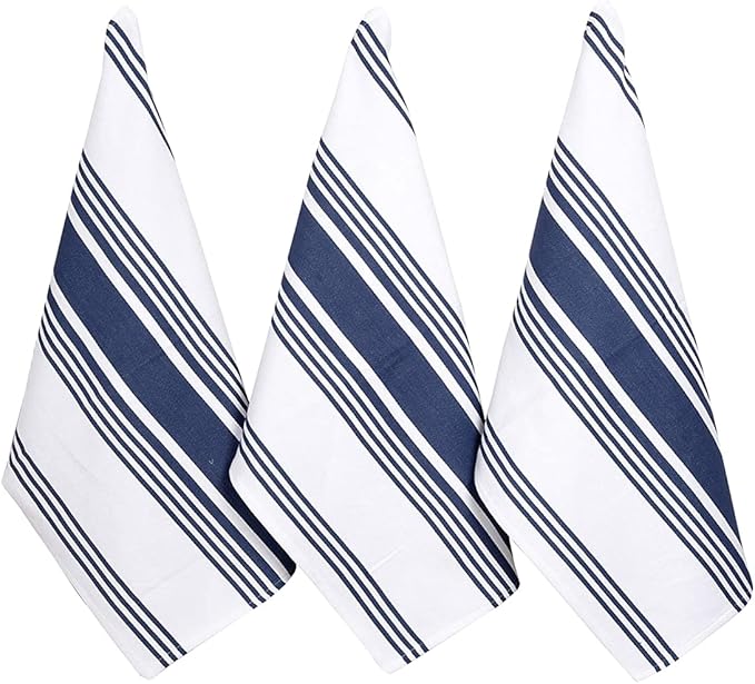 Urban Villa Kitchen Towels 100% Cotton Dish Towels for Kitchen (Set of 3) 20”x30” Dish Cloths Highly Absorbent Kitchen Linen Set with Hanging Loop Perfect for Drying Dishes Cleaning Towels-Blue White