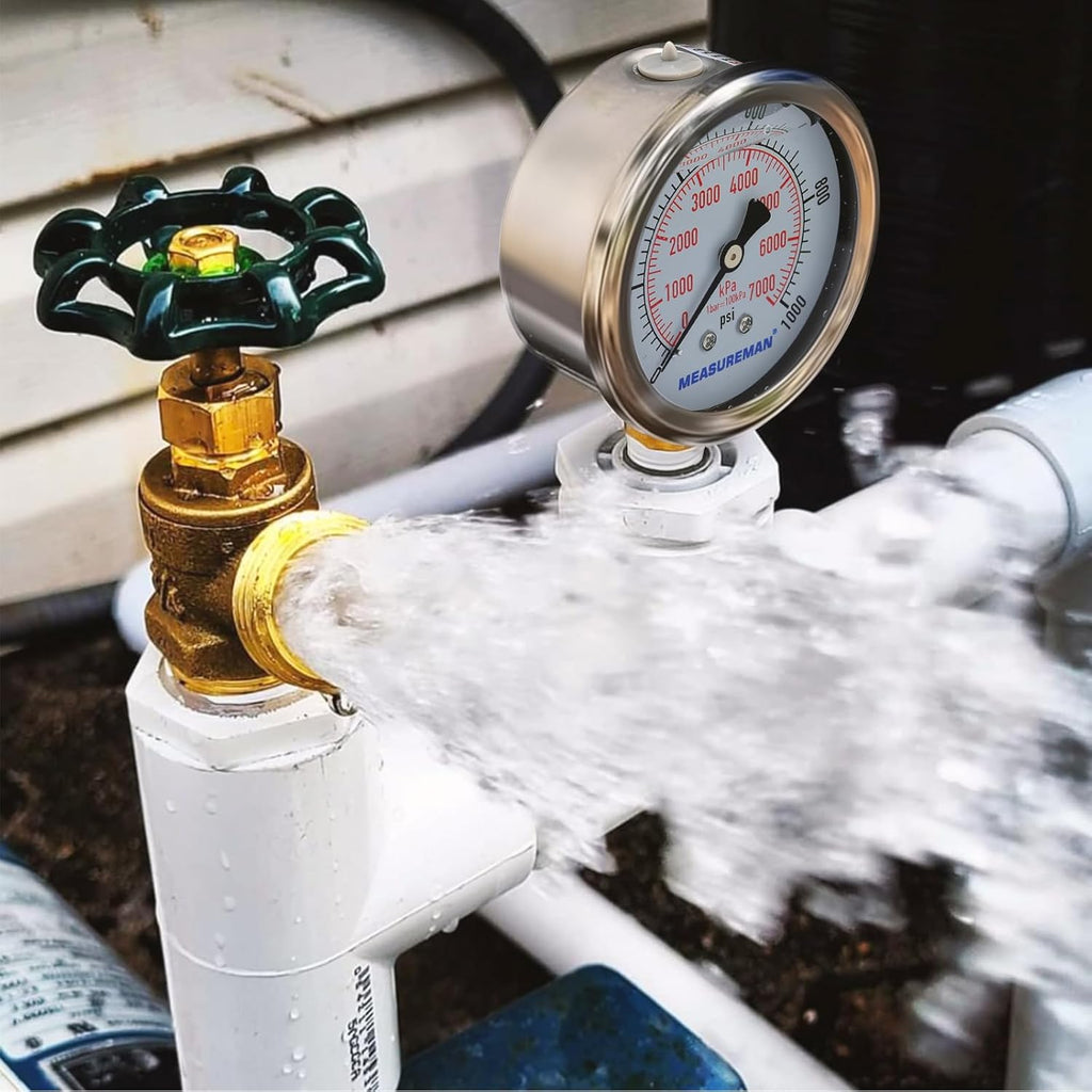 MEASUREMAN 2-1/2inch Dial Size, Liquid Filled Pressure Gauge, 0-1000psi/7000kpa, 304 Stainless Steel Case, 1/4inchNPT Lower Mount