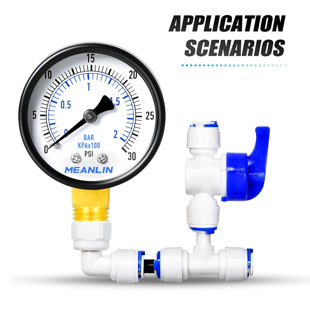 MEANLIN MEASURE 0-30Psi Well Pump Pressure Gauge 1/4" NPT 2" FACE DIAL for Pool Sand Filter Water Oil Air Pressure Test Lower Mount, with Teflon Tape