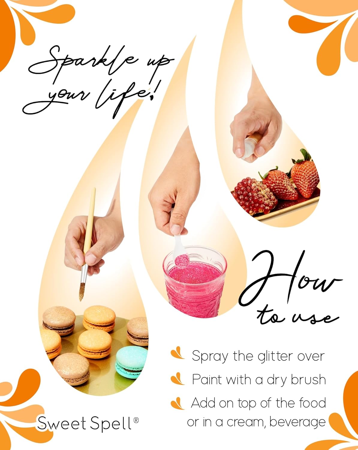 Sweet Spell Edible Glitter (15g) - Shimmer Sparkles for Drinks, Cakes, Cocktails - 100% Edible & Food Grade Glitter, Vegan, Gluten-Free (Orange)