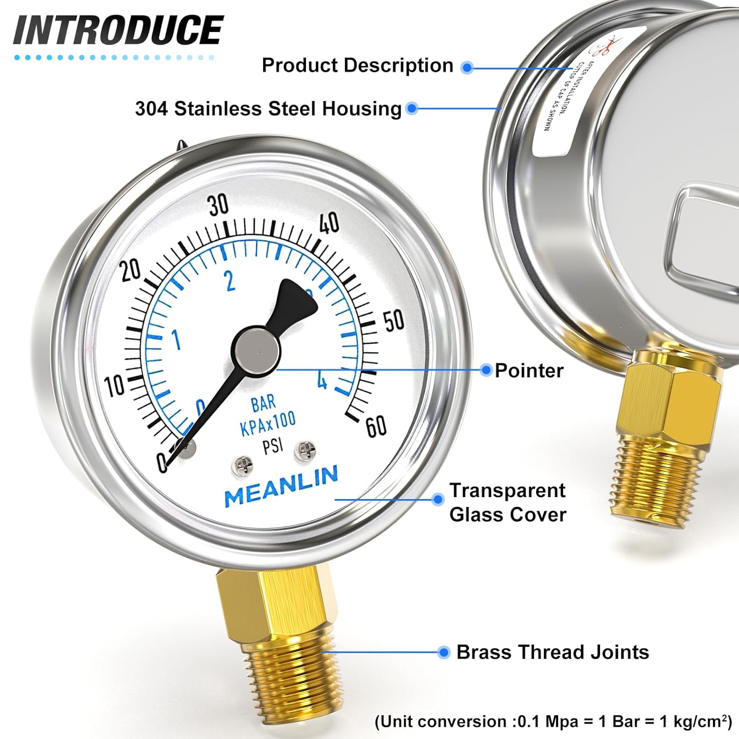 MEANLIN MEASURE 0~60Psi Dry Pressure Gauge Stainless Steel 1/4" NPT 2" FACE DIAL Waterproof for Pool Filter Pump Oil Air Compressor Tire Pressure Tester Lower Mount with 1/2" NPT and 3/8" NPT Hex Bush