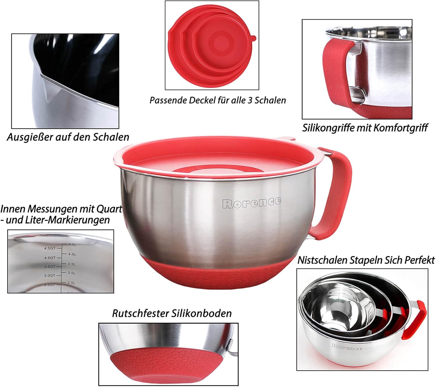 Rorence Mixing Bowls with Lids Set: Stainless Steel Mixing Bowls with Handles, Non-Slip Bottom & Pour Spout - Red, 3 quarts
