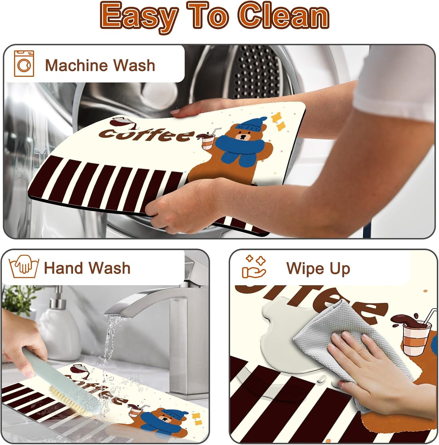 Coffee Bar Mat for Countertop, 17" X 28” Super Absorbent Dish Drying Mat, Large Kitchen Counter Mats Fits Under Coffee Maker, Non-slip Espresso Machine Pad, Bear Coffee