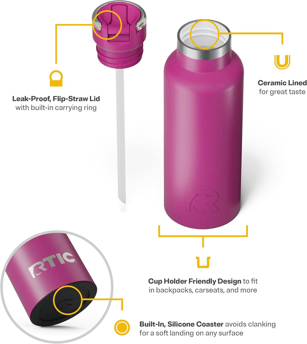 RTIC 16oz Journey Bottle Metal Stainless Steel Vacuum Insulated, BPA Free, Reusable, for Water, Hot and Cold Drinks, Travel, Sports, Camping, Very Berry