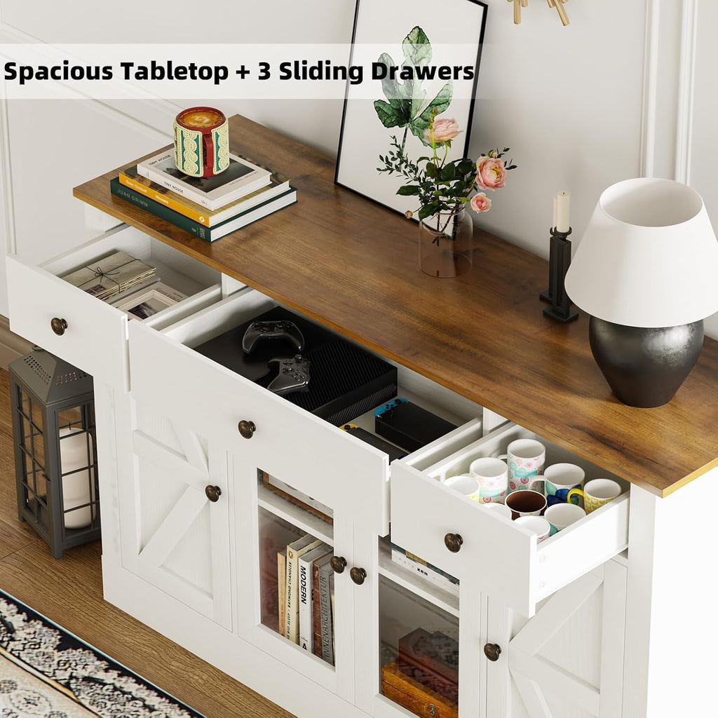 4 EVER WINNER 55" Buffet Cabinet with Storage, Farmhouse Coffee Bar Cabinet with Glass Doors and Drawers, Sideboard Cabinets with Adjustable Shelves for Living Room, Kitchen, White