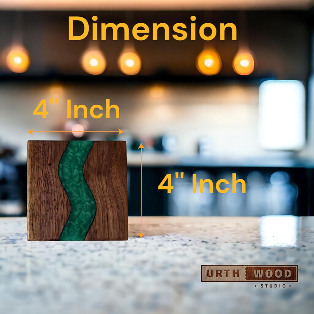 Wood Coaster Set for Drinks | Handmade with Dark Walnut & Natural Wood Sealant Finish for Water Resistance, Easy Cleaning & No Stains | Epoxy Resin River (4 Pieces) (Green)