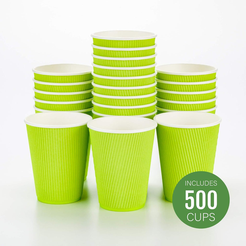 Restaurantware-12 Ounce Disposable Coffee Cups, 500 Ripple Wall Hot Cups For Coffee - Lids Sold Separately, Rolled Rim, Green Paper Insulated Coffee Cups, For Hot Coffee, Tea, And More