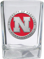 Heritage Pewter Nebraska Square Shot Glass | Hand-Sculpted 1.5 Ounce Shot Glass | Intricately Crafted Metal Pewter Alma Mater Inlay