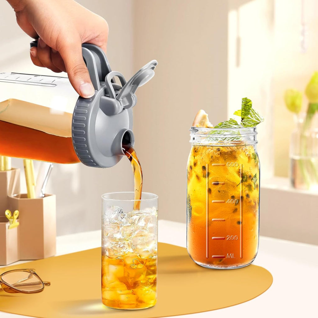 Mason Jar Pitcher, 64 OZ Glass Pitcher with Lid Double Leak-proof with Handle Water Jug Wide Mouth Breast Milk Pitcher Fridge Container for Water, Juice, Iced Coffee, Tea, Juice - Gray