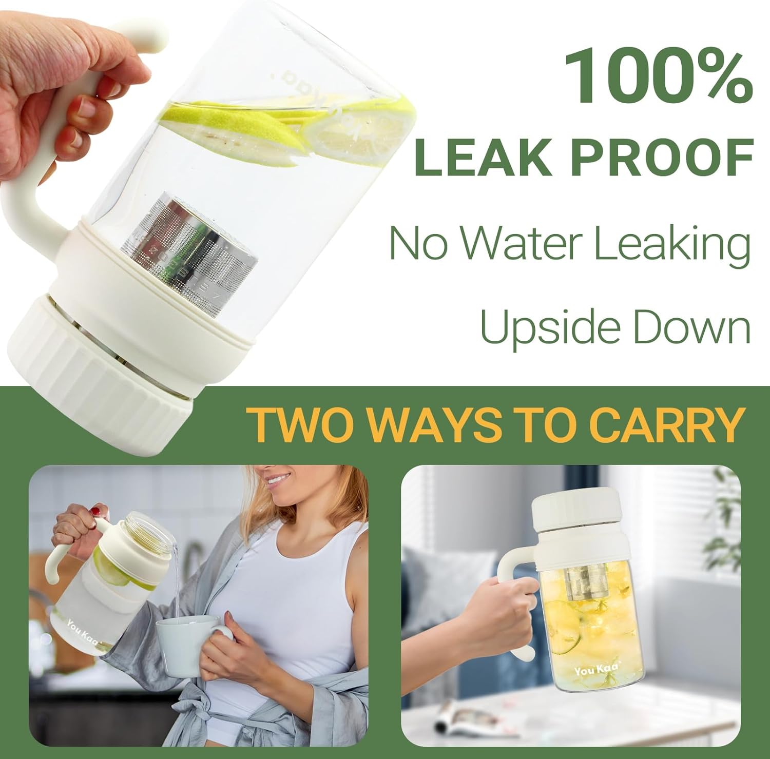 32oz Glass Water Bottle, Tea Bottle with Infuser & Handle, BPA-Free Leakproof Wide Mouth Large Tea Infuser Bottle for Hot or Cold Drinks, Loose Tea, Fruit (White)