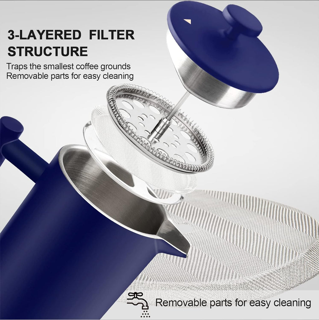 Secura French Press Coffee Maker, Double-Wall 304 Grade Stainless Steel Coffee Press with 2 Extra Screens, 34oz (1L), Blue