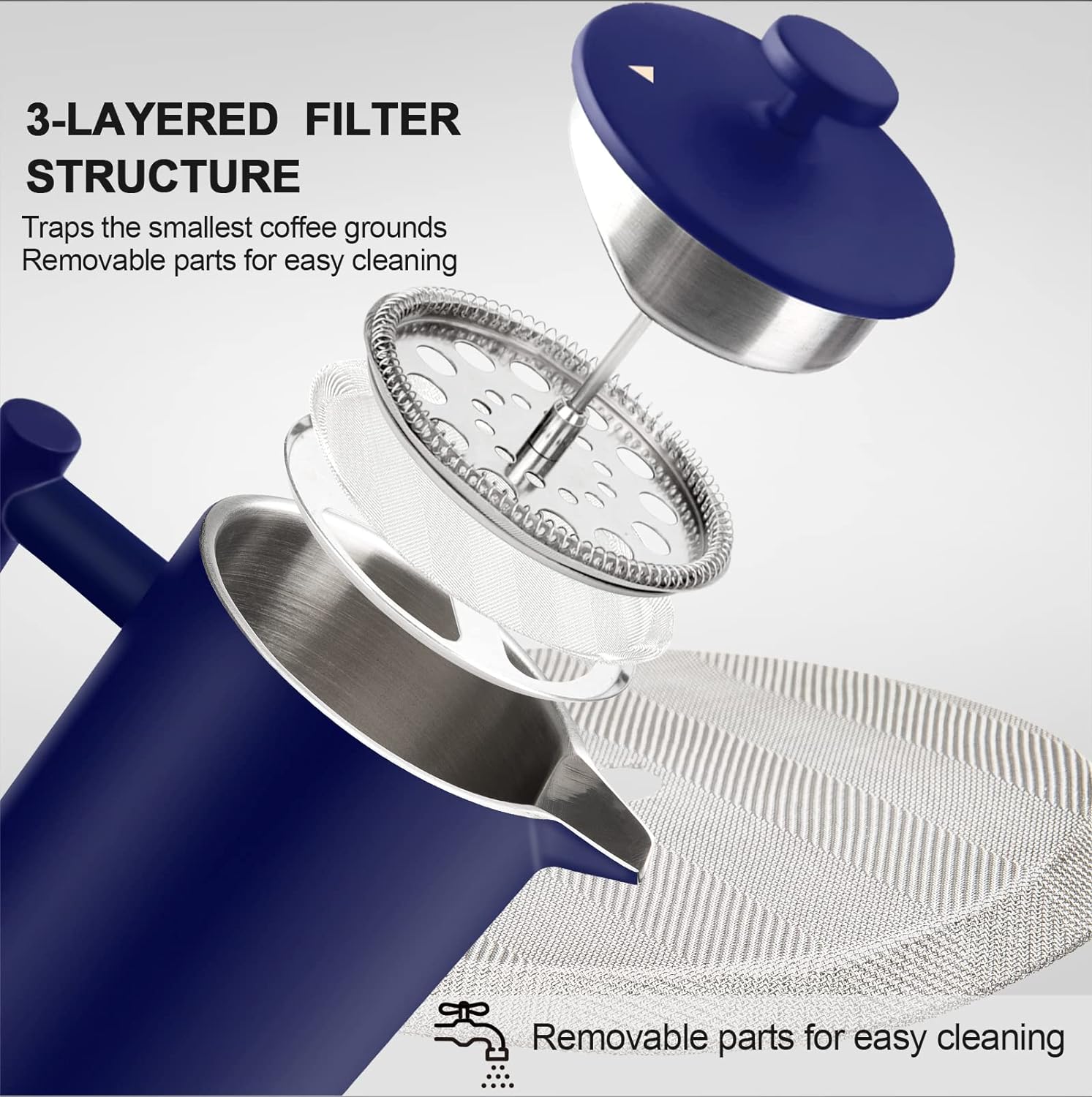 Secura French Press Coffee Maker, Double-Wall 304 Grade Stainless Steel Coffee Press with 2 Extra Screens, 34oz (1L), Blue