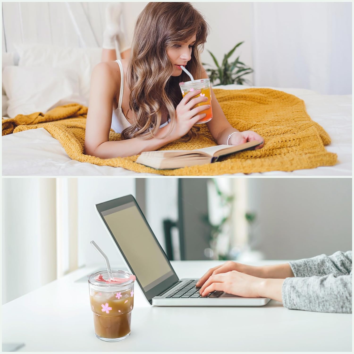 Iced Coffee Cup, 15Oz/450ml With Lids and Straws, Thick Wall Glass Mug for Tea Water, Cute Tumbler Gifts (Pink)
