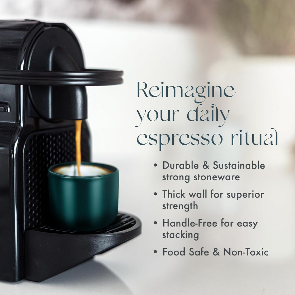 Folk Ceramics Leonard Ceramic Espresso Cups | Modern Stackable Demitasse Mugs for Espresso | Thick Walled, Handleless, Durable, Dishwasher & Microwave Safe | Set of 2, 3oz | Blue Emerald