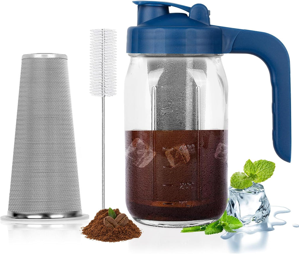 Cold Brew Coffee Maker Pitcher,32 Oz Glass Mason Jar Pitcher with V-shaped Pour Spout Handle Lid,Stainless Steel Filter for Iced Coffee,Iced tea,Breast Milk,Fruit Drinks,lemonade-Blue