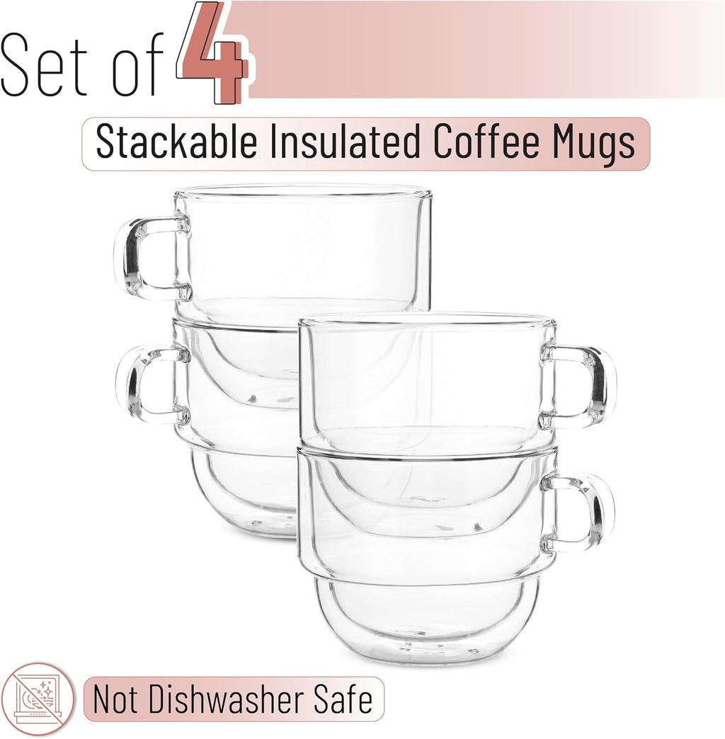 BTaT- Stackable Insulated Coffee Mugs, 4 Pack 12 oz(350 ml), Ideal for Hot and Cold Drinks, Stackable Cappuccino Cups, Double Wall Glass Coffee Cups, Tea Cups, Latte Cups, Latte Mug