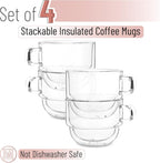 BTaT- Stackable Insulated Coffee Mugs, 4 Pack 12 oz(350 ml), Ideal for Hot and Cold Drinks, Stackable Cappuccino Cups, Double Wall Glass Coffee Cups, Tea Cups, Latte Cups, Latte Mug