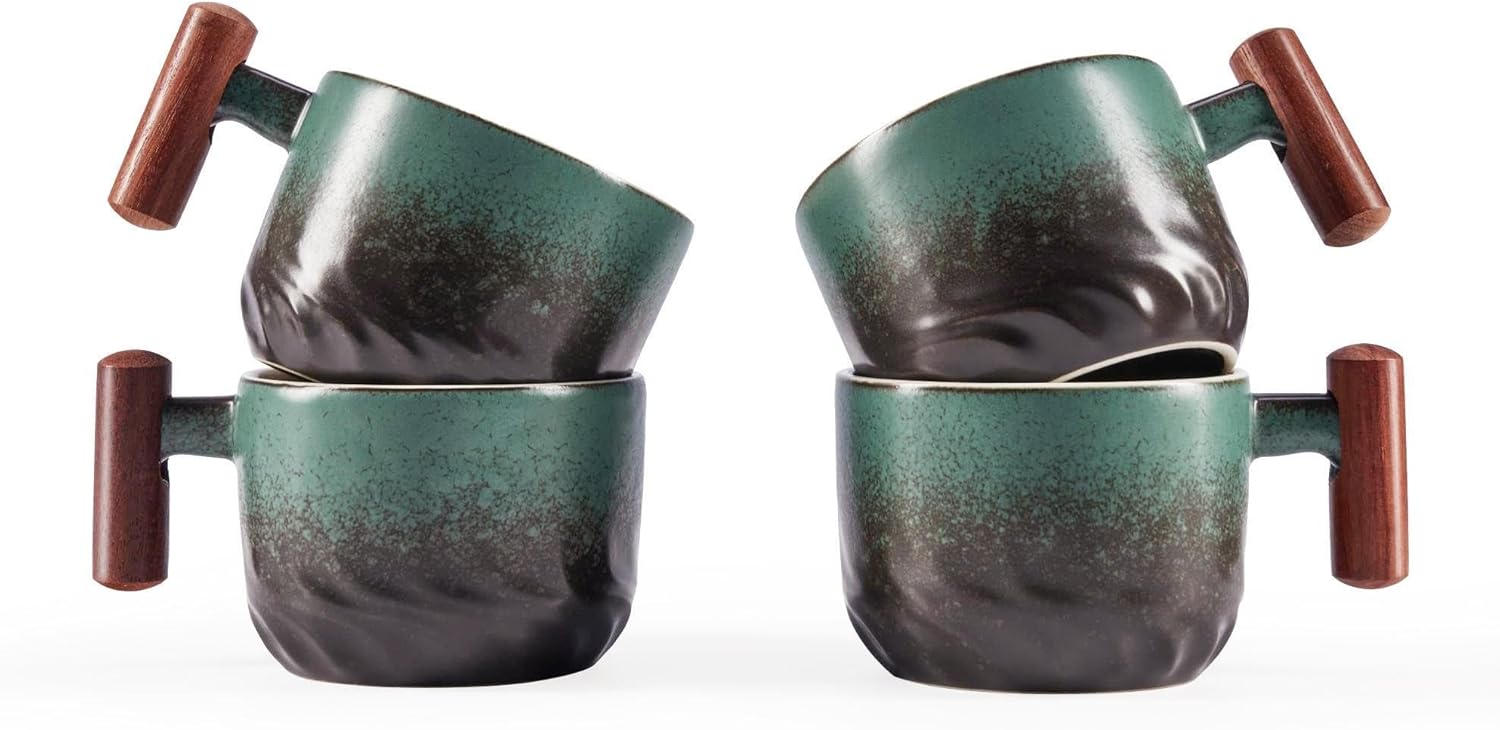 2.5oz Ceramic Espresso Cups with Wooden Handle, Small Coffee Cups Double Shot Espresso Cups Set of 4