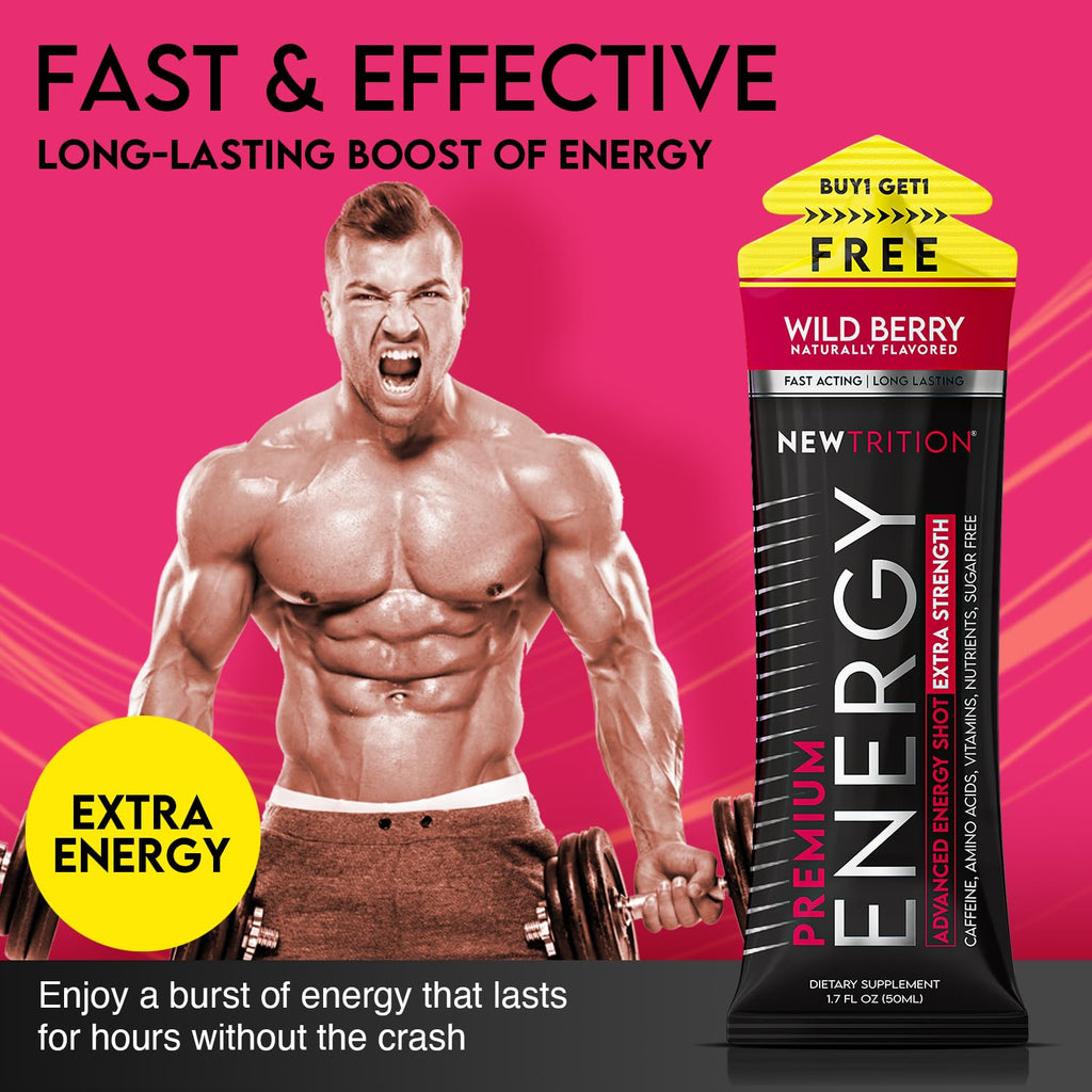 NewTrition® Extra Strength Energy Shots, 250mg Caffeine Energy Shots with Vitamin B & Amino Acids, Sugar-Free Vitamin Energy Shot, 1.7 fl oz (Pack of 12, Wild Berry)