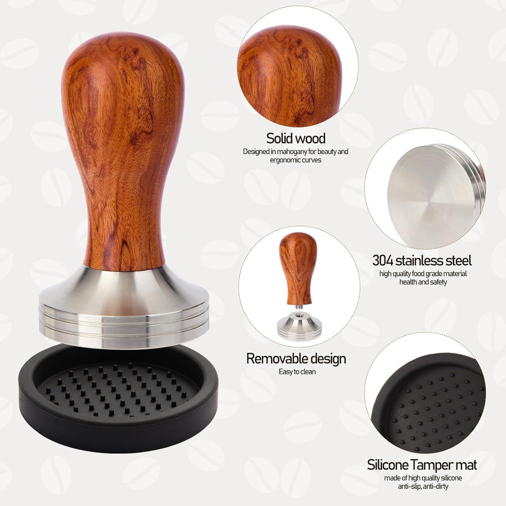 51mm Espresso Tamper Kit, Hard Wood Espresso Tamper Tool & Powder Press Pad & 8-Needles Espresso Stirrers For 51 mm Portafilter