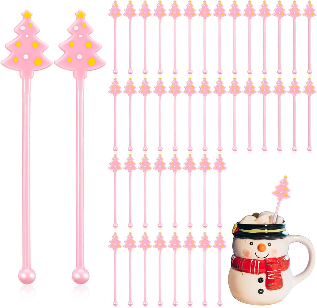 30 Pcs Christmas Drink Stirrers Xmas Stir Stick Holiday Coffee Swizzle Stick Reusable Plastic Hot Cocoa Bar Chocolate Decoration Cocktail Mixer(Christmas Tree,Pink Color)