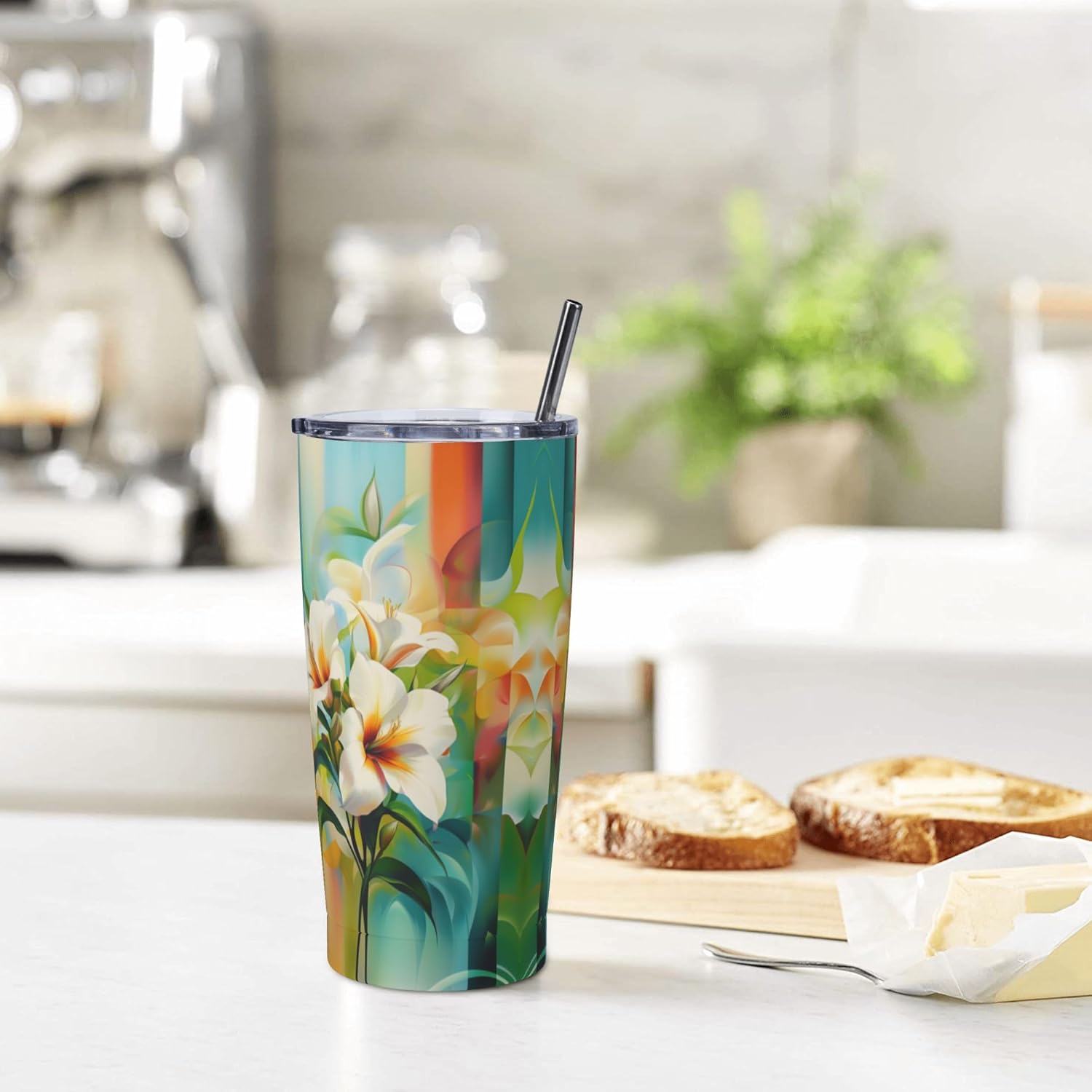 Floral Tumbler with Lid and Straw 20oz Coffee Tumblers Leakproof Stainless Steel Travel Mug Vacuum Insulated Cup for Iced and Hot