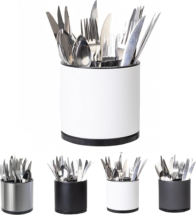 Silverware Organizer Kitchen Utensil Holder 360°Rotating For Counter Organizer Stainless Steel Storage Silverware Caddy 3 Compartment Flatware Spoon Spatula Tool Cutlery Container(White)