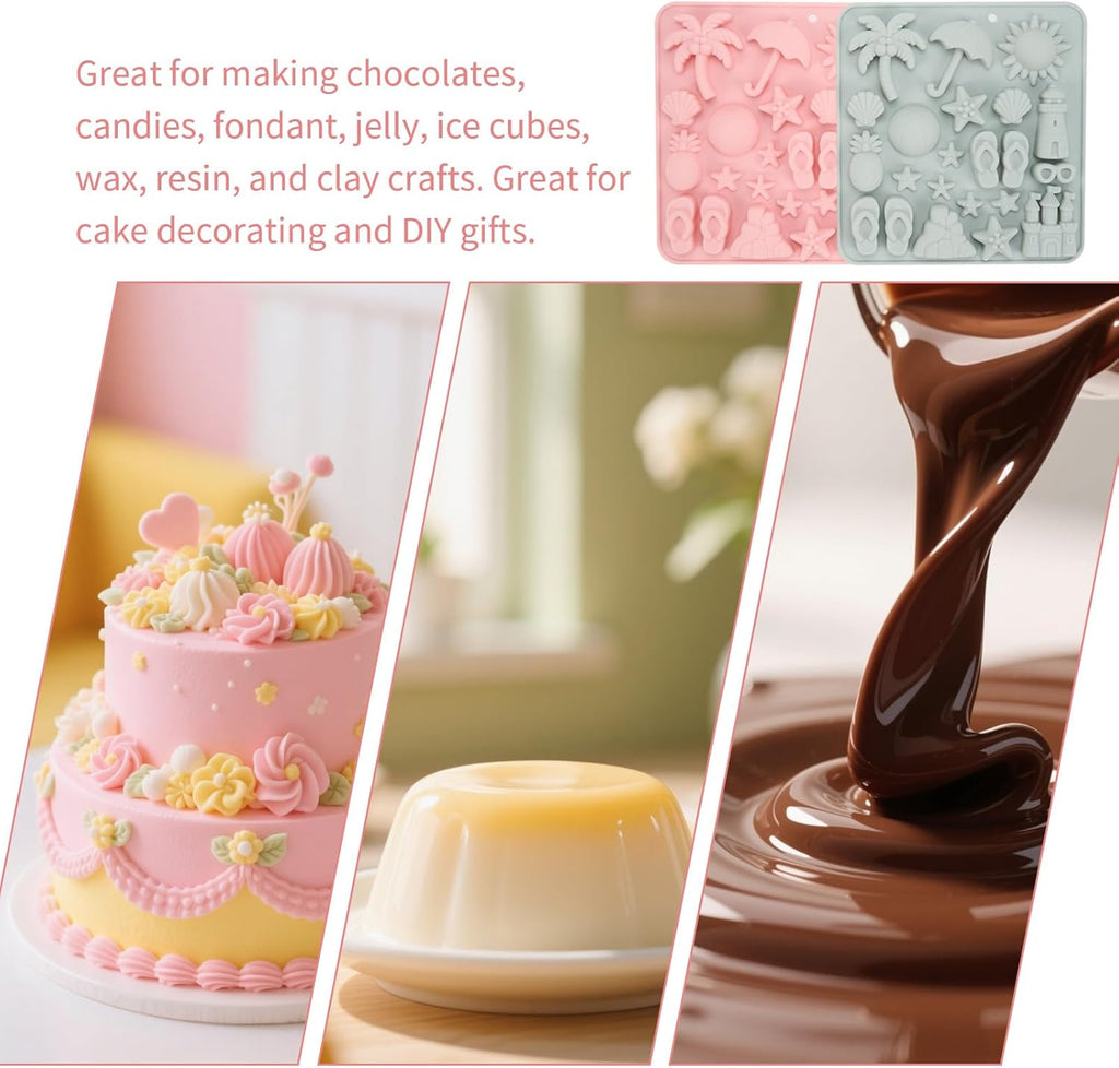 2 Pcs Summer Beach Chocolate and Fondant Silicone Molds, DIY Candy Sandcastles for Parties (Pink and Blue)