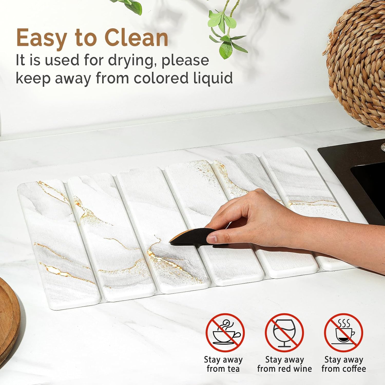 2 PCS Stone Dish Drying Mat for Kitchen Counter,Quick Dry Stone Dishes Mats,Marbled Water Absorbing Diatomaceous Earth Drying Pad for Countertop Bottles Utensils Cups(Gold White 16"×12" & 8"x4")