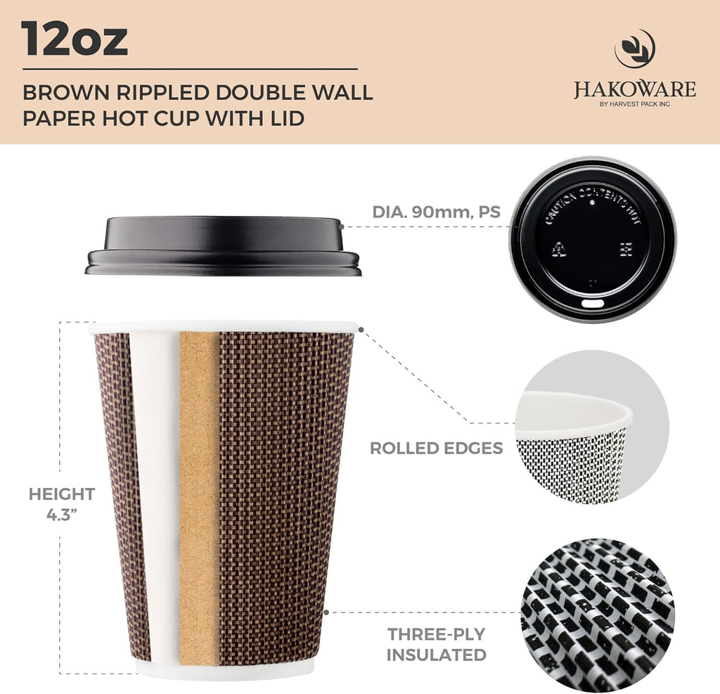 [100 SET]Harvest Pack 12 oz Disposable Coffee Cups, Insulated Ripple Double-Walled Paper Cups with Lids, Brown Geometric, Leak-Proof Drinking Cups for Tea Hot Chocolate Drinks To go coffee cups