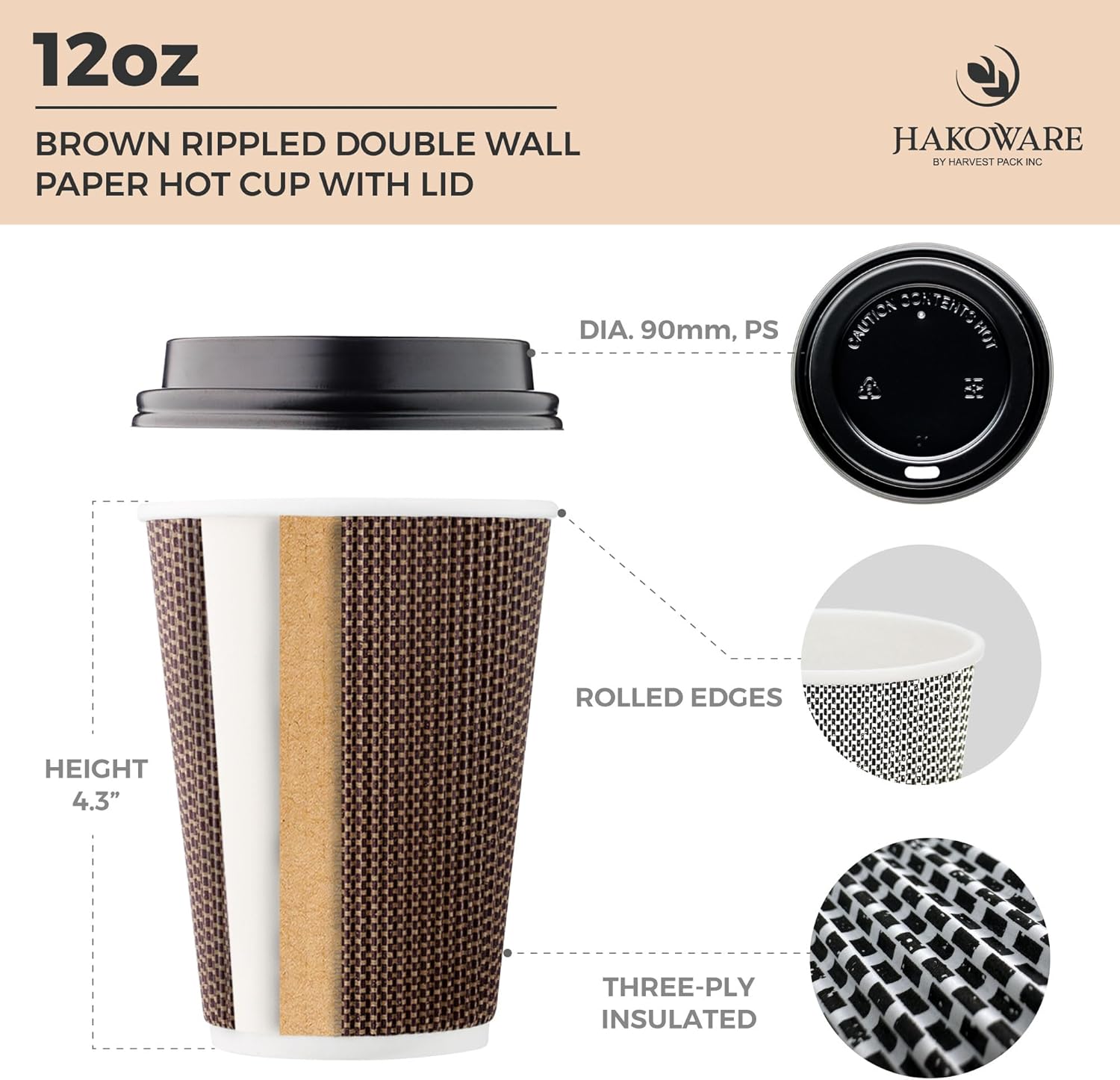 [100 SET]Harvest Pack 12 oz Disposable Coffee Cups, Insulated Ripple Double-Walled Paper Cups with Lids, Brown Geometric, Leak-Proof Drinking Cups for Tea Hot Chocolate Drinks To go coffee cups